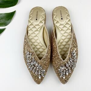 Birdies The Swan Flats Gold Glitter Sparkle Jeweled Pointed Toe Women's 7